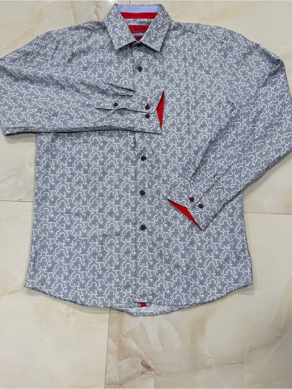 Men's Gray Patterned Long-Sleeve Dress Shirt with Red Contrast
